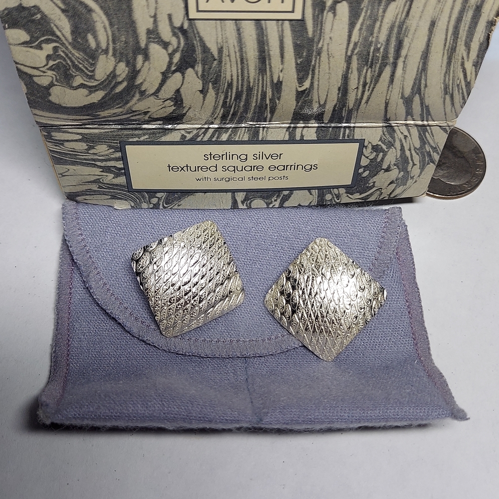 Avon Sterling Silver Textured Square Earrings — Silver